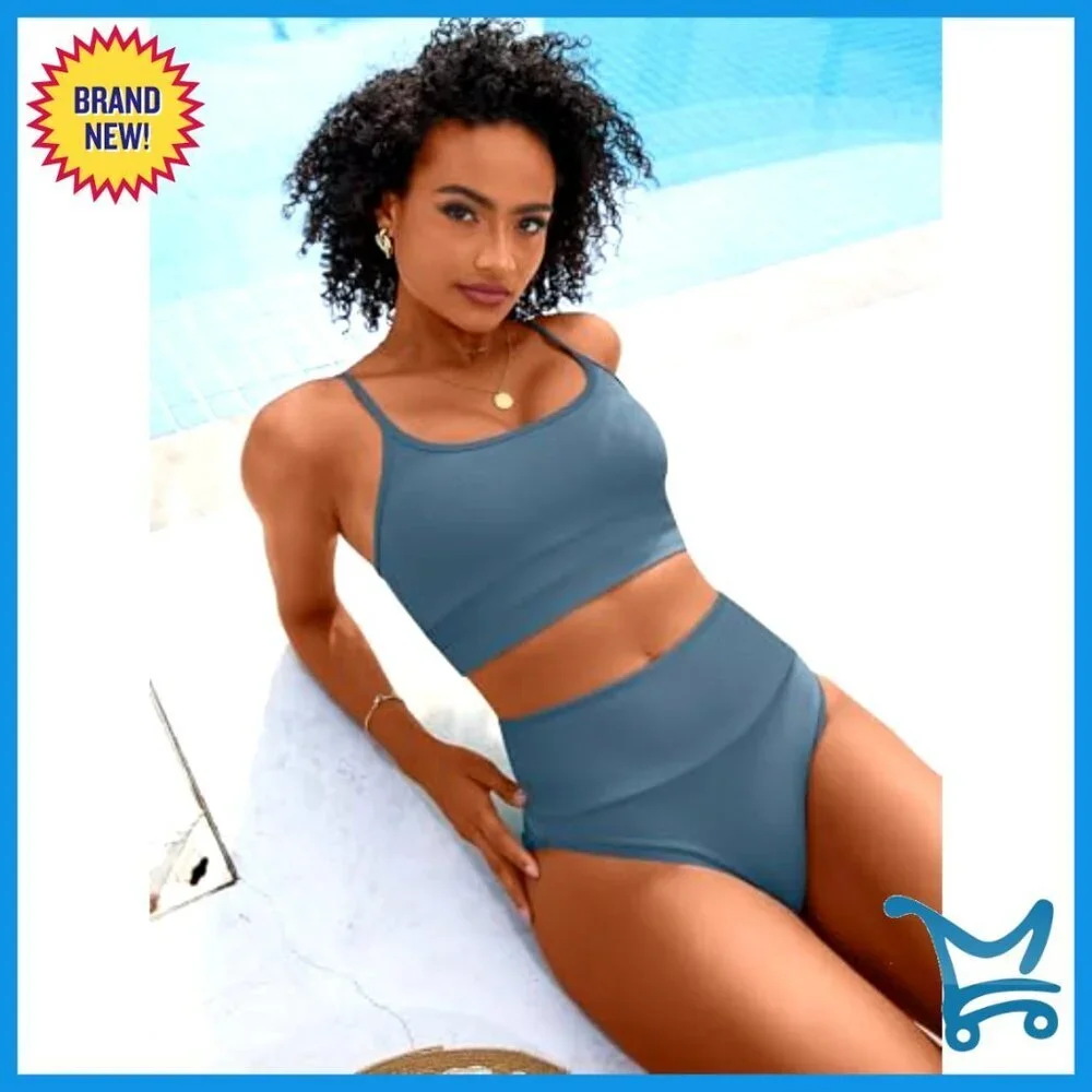 High Waisted Ribbed Bikini Set Tummy Control Adjustable Straps Summer Beach